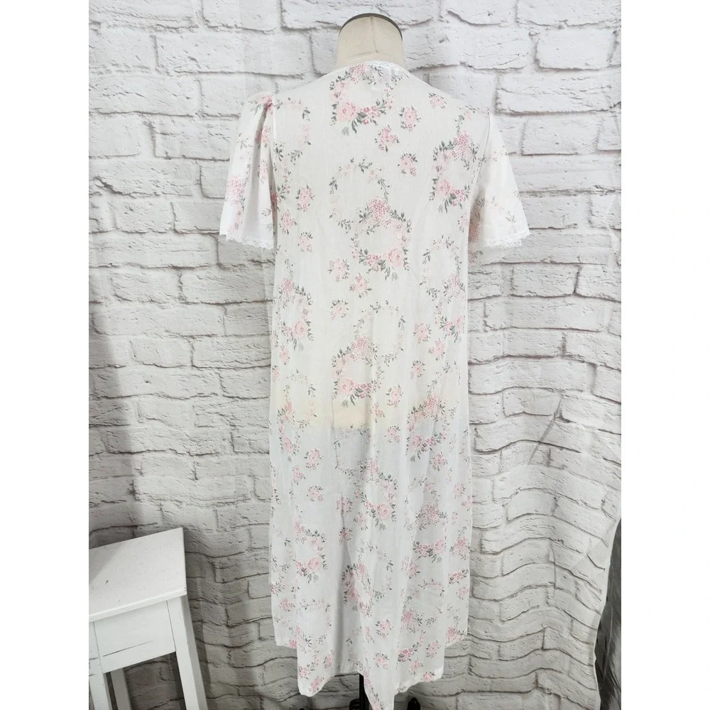 Vintage Floral Cotton Nightgown Womens Puff Sleeve Lace Trim Cottagecore Sleep